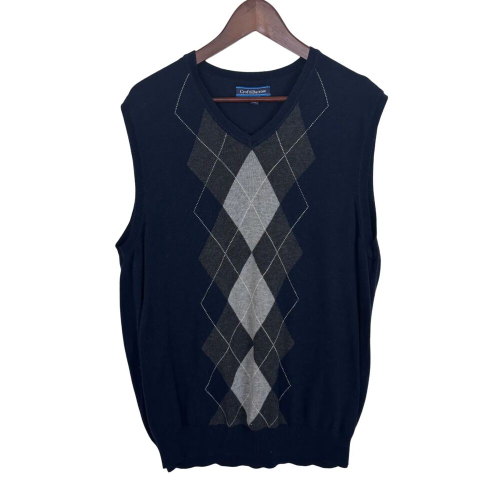 Croft & Barrow Navy Gray Argyle V-Neck Sweater Vest Men's XL